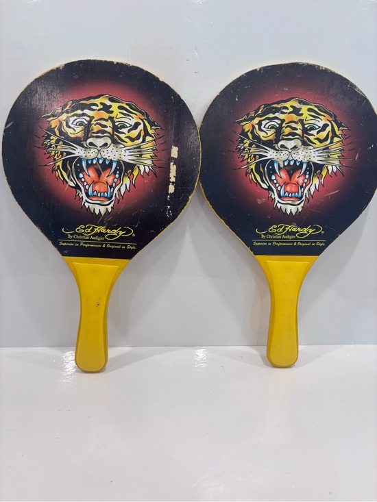 Ed Hardy Other - Ed Hardy Tiger Graphic Paddle Ball Set - Black & Yellow- vintage pair wooden